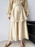 Momentlover Solid Color Long Sleeves Tied Waist Blouse + Loose Elasticity Waist Skirt Two Pieces Set