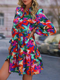 Momentlover Split-Joint Printed Pleated Floral Printed Puff Sleeves Loose Lapel Mini Dresses