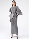 Momentlover Urban Loose Solid Color Tied Pleated Top&V-Back Vest Dress Two Pieces Set