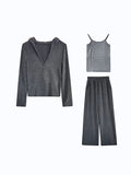 Momentlover Hooded Long Sleeves Buttoned  T-Shirts Top + Vest Top + Wide Leg Drawstring Elasticity Pants Bottom Three Pieces Set