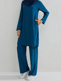 Momentlover Solid Color Long Sleeves Pockets Split-Side Round-Neck Shirts Top + Pants Bottom Two Pieces Set