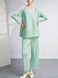 Momentlover Loose Pleated Solid Color High-Low Round-Neck T-Shirts  + Pants Two Pieces Set