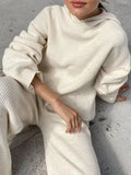 Momentlover Loose Solid Color Hooded Long Sleeves Round-Neck Sweater Top + Drawstring Pants Bottom Two Pieces Set