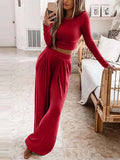 Momentlover Solid Color Plus Size Round-Neck Long Sleeves Shirts Top + Pants Bottom Two Pieces Set