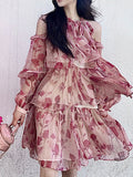 Momentlover Tiered Lace-Up Floral Printed Puff Sleeves Loose Cold Shoulder Mini Dresses
