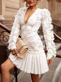 Momentlover Split-Joint Solid Color Ruffled Pleated Embroidered Skinny Plus Size Deep V-Neck Mini Dresses