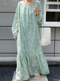 Momentlover Tied Waist Split-Joint Solid Color Pleated Flower Print Puff Sleeves Loose Round-Neck Maxi Dresses