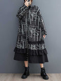 Momentlover Split-Joint Printed Buttoned Asymmetric Loose Long Sleeves Lapel Midi Dresses