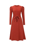 Momentlover Tied Waist Solid Color Long Sleeves High Waisted Round-Neck Sweater Dresses Midi Dresses