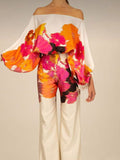 Momentlover High Waisted Long Sleeves Flower Print Off-The-Shoulder Pants Set Suits Two Pieces Set