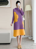Momentlover Original Long Sleeves Loose Contrast Color Pleated Beaded Stand Collar Midi Dresses