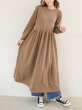 Momentlover Casual Loose Long Sleeves Solid Color Round-Neck Midi Dresses