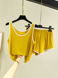 Momentlover Home Wear Loose Sleeveless Contrast Color Round-Neck Vest&Shorts Pajamas Set