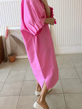 Momentlover Causal Plus Size Pleated Raglan Sleeve V-Neck Midi Dress