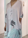Momentlover Long Sleeves Buttoned Contrast Color Flower&Leaves Print Muslim V-Neck Maxi Dress