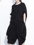 Momentlover Loose Solid Color Round-Neck Short Sleeves  Tops+ Elasticity Pleated Cropped Pants Two Pieces Set