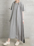 Momentlover Split-Joint Solid Color Pleated Short Sleeves Loose Round-Neck Midi Dresses
