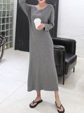Momentlover Simple Modal Solid Color Round-Neck Long Sleeves Midi Dress