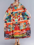 Momentlover Loose Short Sleeves Floral Printed Round-Neck Midi Dresses