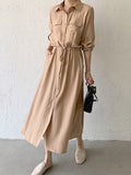 Momentlover Casual A-Line Long Sleeves Bandage Solid Color Lapel Collar Shirt Midi Dresses