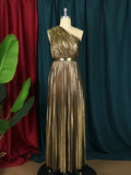 Momentlover Solid Color Shiny Pleated Asymmetric Sleeveless Plus Size One-shoulder Maxi Dresses