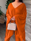 Momentlover Batwing Sleeves Loose Solid Color V-Back V-Neck Shirts Tops&Pants Two Pieces Set