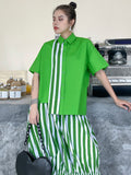 Momentlover Original Striped Irregularity Blouse Tops+Skirt Suits