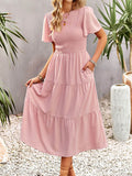 Momentlover Solid Color Elastics Short Sleeves Loose Round-neck Midi Dresses