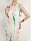 Momentlover Pleated Flower Print Sleeveless Loose Round-Neck Midi Dresses
