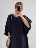 Momentlover Causal Plus Size Pleated Raglan Sleeve V-Neck Midi Dress