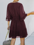 Momentlover Original Half Sleeves Loose Polka-Dot Falbala Solid Color V-Neck Mini Dresses