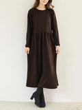 Momentlover Casual Loose Long Sleeves Solid Color Round-Neck Midi Dresses
