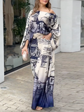 Momentlover Printed Wide Leg Puff Sleeves Off-the-shoulder Two-Piece Sets Pants Blouses