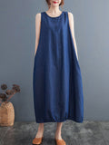 Momentlover Simple Denim Blue Round-Neck Buttoned Sleeveless Midi Dress