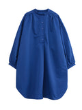 Momentlover Loose Puff Sleeves Solid Color Stand Collar Midi Dresses
