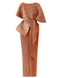 Momentlover Urban Loose Solid Color Tied Pleated Top&V-Back Vest Dress Two Pieces Set