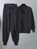 Momentlover Casual Loose Harem Pants Solid Color V-Neck Sweater Tops Pants Two Pieces Set