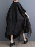 Momentlover Split-Joint Solid Color Pleated Jacquard Gauze Flower Shape Asymmetric Loose Batwing Sleeves Round-Neck Midi Dresses