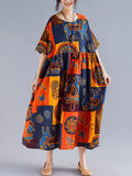 Momentlover Original Printing Split-Joint Round-Neck Midi Dress