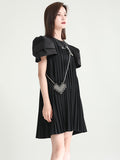 Momentlover Urban Puff Sleeves Split-Joint Black Pleated Mini Dress