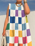 Momentlover Loose Sleeveless Contrast Color Plaid Jumpsuits