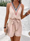 Momentlover Tied Waist Split-Joint Hollow Contrast Color Sleeveless Loose V-Neck Rompers