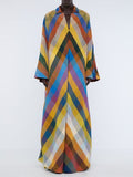 Momentlover Long Sleeves Loose Contrast Color Split-Side V-Neck Maxi Dresses