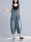 Momentlover Buttoned Loose Cropped Denim Overalls