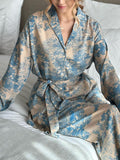 Momentlover Notched Collar Long Sleeves Buttoned Printed Tied Waist Shirts Top + High Waisted Pants Bottom Two Pieces Set