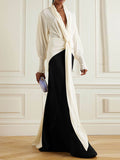 Momentlover Contrast Color Loose Long Sleeves V-neck Maxi Dresses Evening Dresses