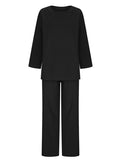 Momentlover Loose Solid Color Long Sleeves Round-neck Shirts Top + Drawstring Pants Bottom Two Pieces Set