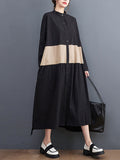 Momentlover Original Creation Long Sleeves Loose Buttoned Contrast Color Stand Collar Midi Dresses