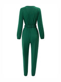 Momentlover Elasticity Belted Long Sleeves V-neck Jumpsuits