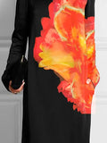 Momentlover Long Sleeves Loose Flower Print Round-Neck Maxi Dresses